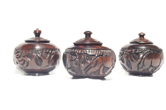 African Wooden Hand carved jewelry/ring box set. Ebony Wood with Rhino, Elephant, Tree Carvings. Can also store spices, Coffee, sugar Tea