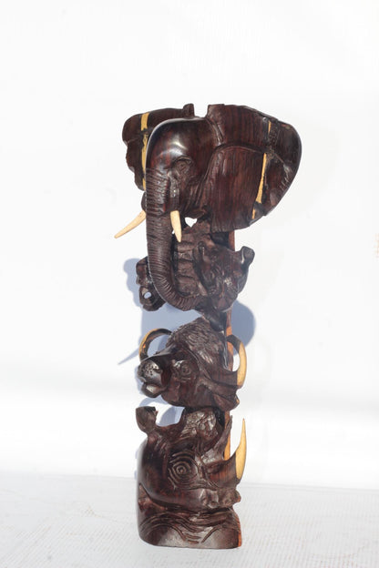 Ebony Wood smooth Carved Big Five heads tower art. Elephant, Lion, Leopard, Buffalo, Rhino head. Ready to Ship African art Christmas gift.