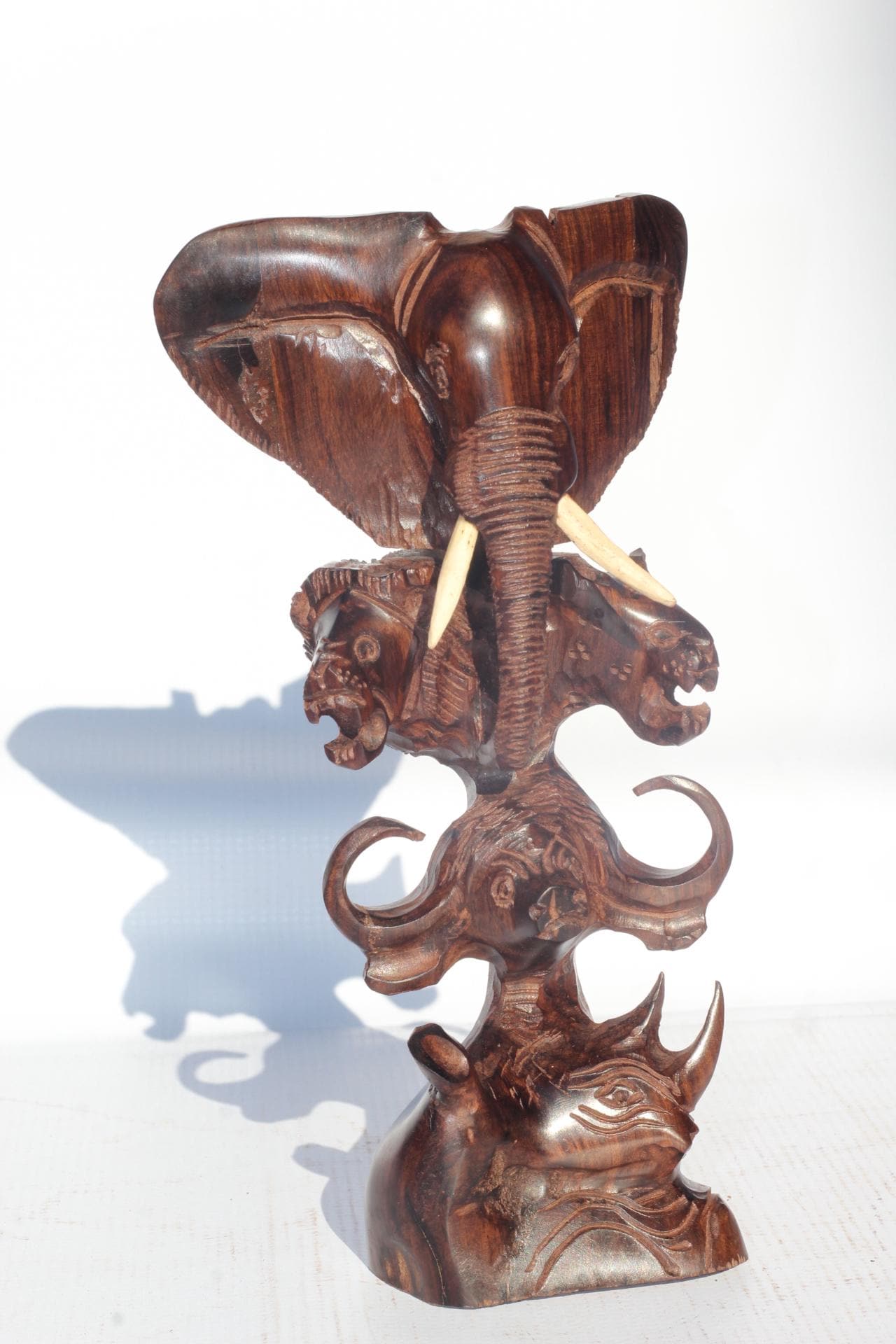 Ebony Wood smooth Carved Big Five heads tower art. Elephant, Lion, Leopard, Buffalo, Rhino head. Ready to Ship African art Christmas gift.