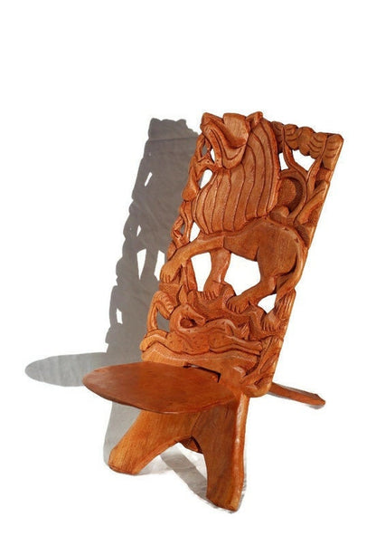 Medium Sized African Polished Foldable chair. Malawian Mahogany Carved Roaring Lion and Sleeping Antelope. Home /Office Art decor gifts
