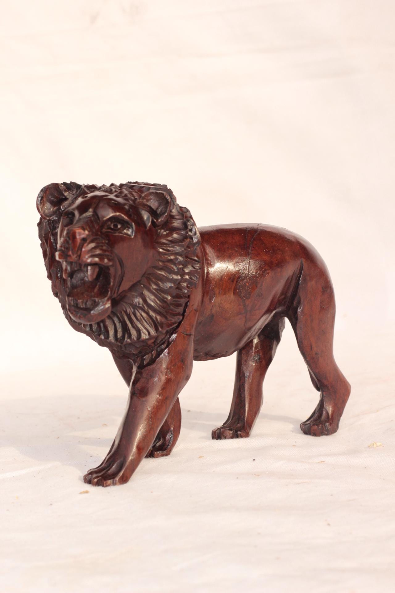 Iron Wood Handcarved Lion Figurine. Walking and Roaring Lifelike figurine. Zimbabwean made Christmas gift, Ready to Ship Worldwide