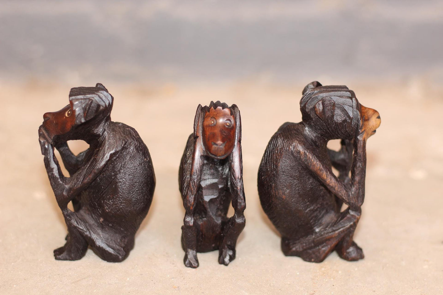 Three Wise Monkeys Mahogany Wood Malawi Hand Carved Figurines. African Art Decorations gift Set. Christmas gifts Ready to Ship Worldwide.