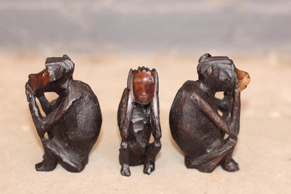 Three Wise Monkeys Mahogany Wood Malawi Hand Carved Figurines. African Art Decorations gift Set. Christmas gifts Ready to Ship Worldwide.