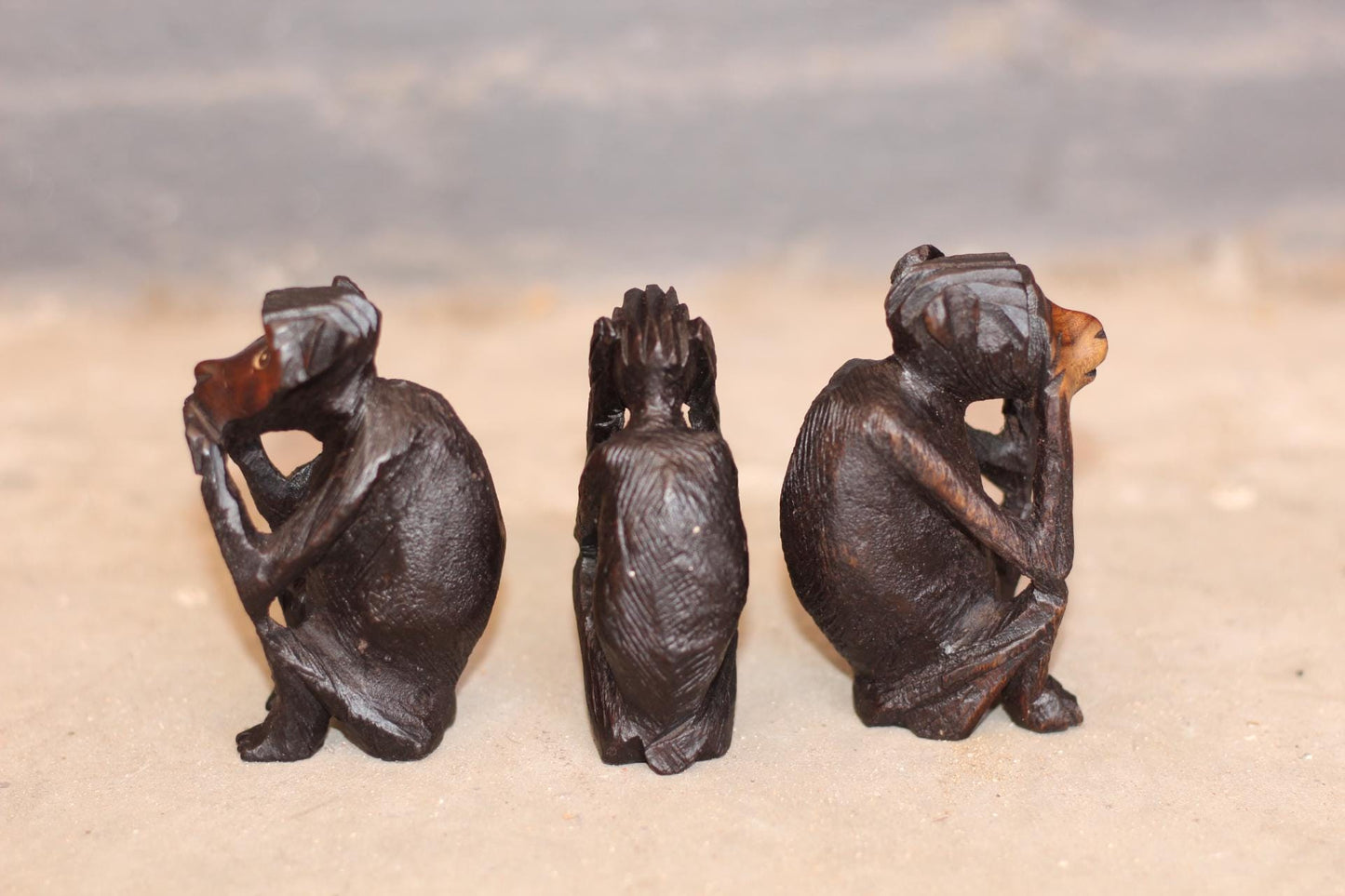 Three Wise Monkeys Mahogany Wood Malawi Hand Carved Figurines. African Art Decorations gift Set. Christmas gifts Ready to Ship Worldwide.