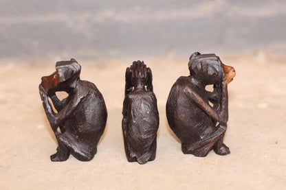 Three Wise Monkeys Mahogany Wood Malawi Hand Carved Figurines. African Art Decorations gift Set. Christmas gifts Ready to Ship Worldwide.