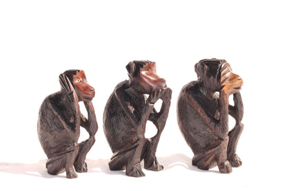 Three Wise Monkeys Mahogany Wood Malawi Hand Carved Figurines. African Art Decorations gift Set. Christmas gifts Ready to Ship Worldwide.