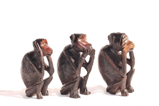 Three Wise Monkeys Mahogany Wood Malawi Hand Carved Figurines. African Art Decorations gift Set. Christmas gifts Ready to Ship Worldwide.