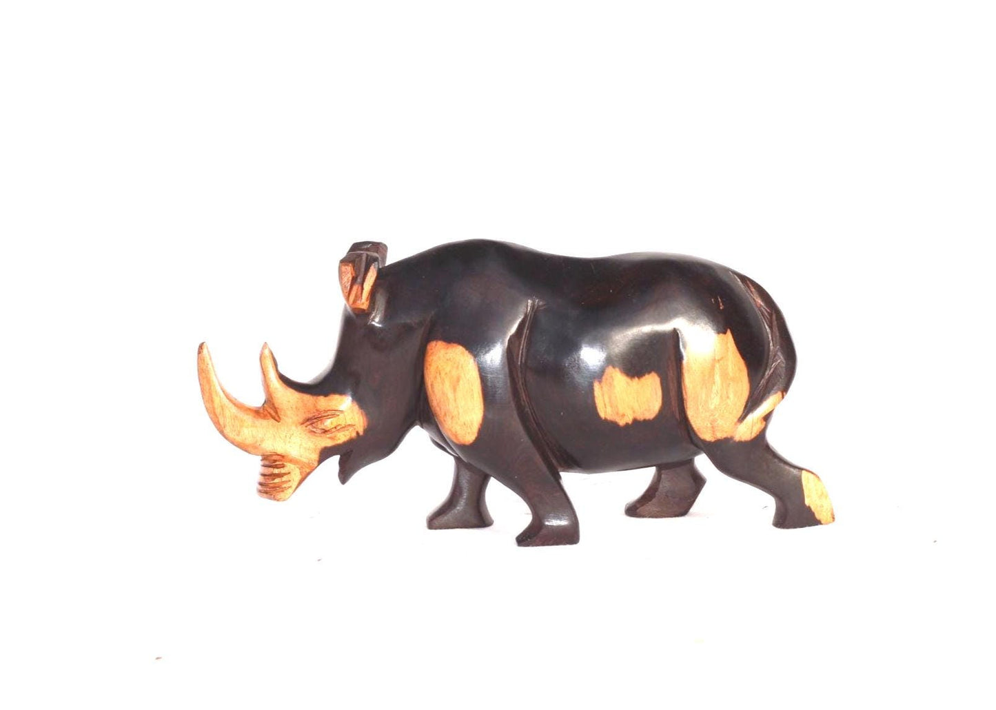 Smooth Zambian Ebony wood Multi coloured, Walking open mouth handcarved Rhino. Unique African Art Christmas Gifts, for home/office decor.