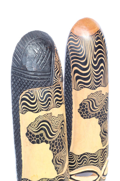35" Pair Large Teakwood Masks with African Map, Zebra and Giraffe Theme . Male and female interior decor Wall Hanging for Hotel, home/Office