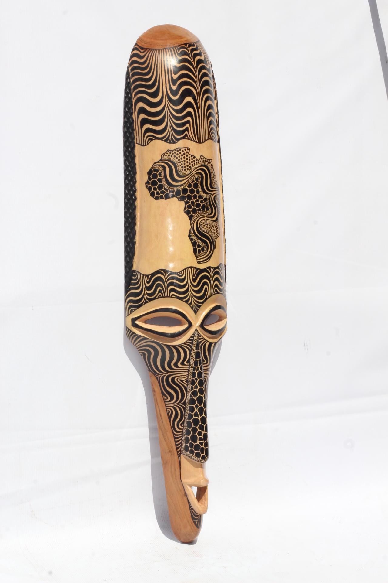 35" Pair Large Teakwood Masks with African Map, Zebra and Giraffe Theme . Male and female interior decor Wall Hanging for Hotel, home/Office