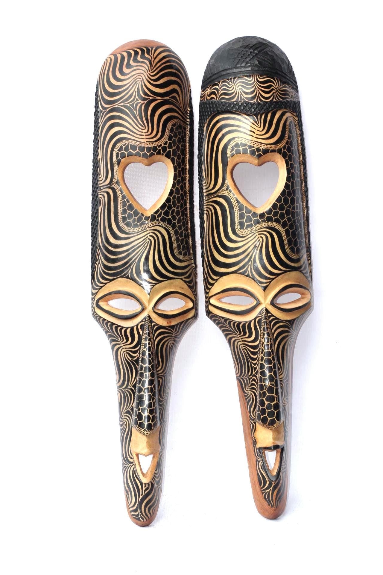 39" Pair Large Teakwood Masks with Heart shape, Zebra and Giraffe Theme . Male and female interior decor Wall Hanging for Hotel, home/Office