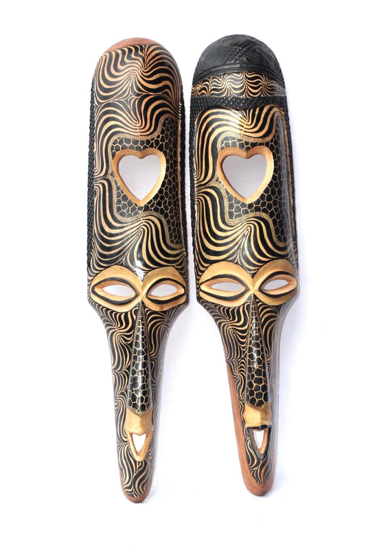 39" Pair Large Teakwood Masks with Heart shape, Zebra and Giraffe Theme . Male and female interior decor Wall Hanging for Hotel, home/Office