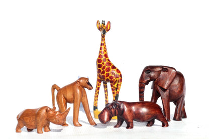 Set of 5 Carved Wooden Safari animals. Olive Wood Elephant, Hippo, Baboon, Rhino and Giraffe figurines. African Christmas gift ready to Ship