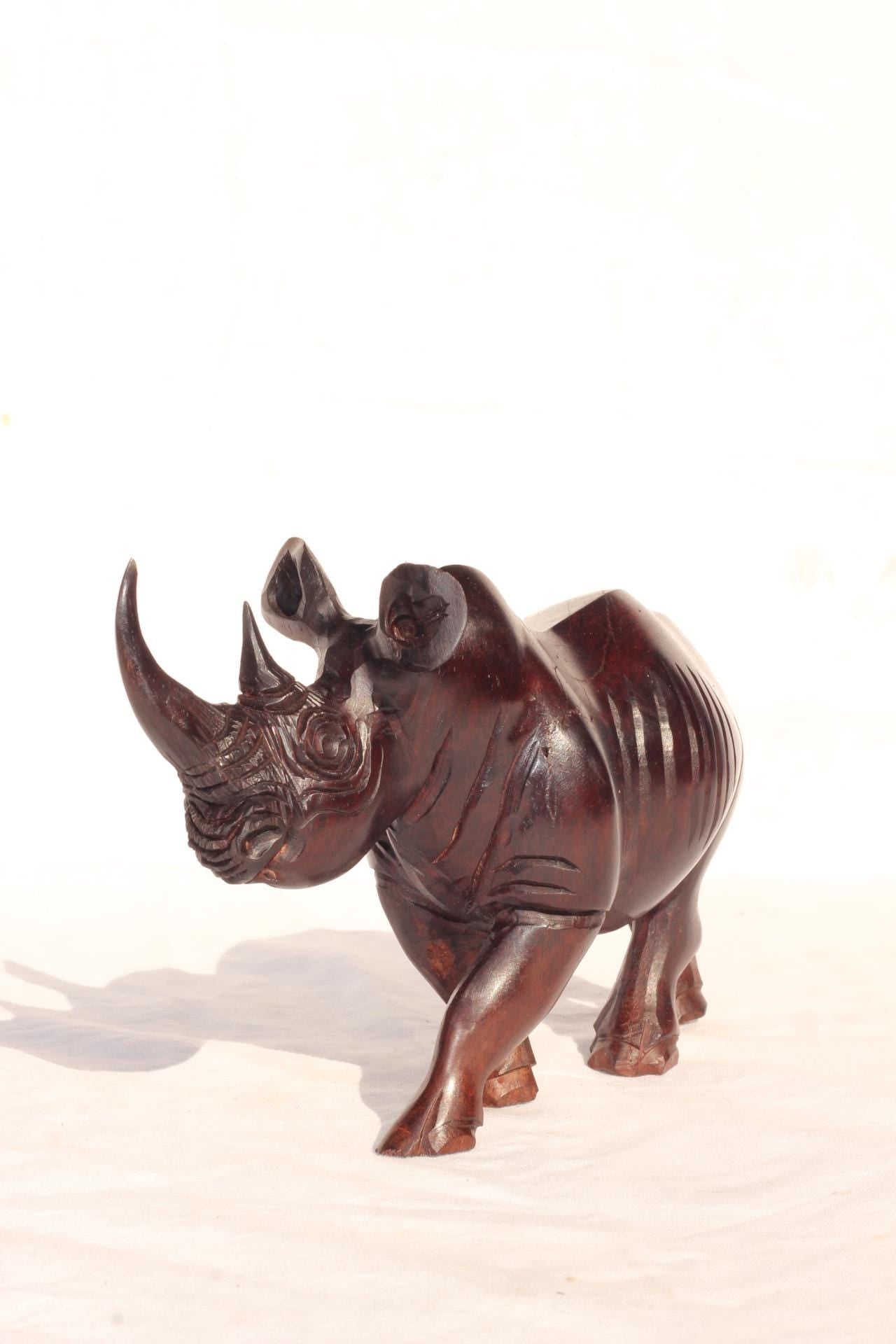 Lifelike Smooth Ironwood Rhino Figurine. Handcarved walking animal art sculpture. Home and Office Decor, ready to Ship Christmas Gift.