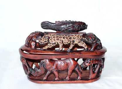 Dark Brown Olive Wood Basket with lid. Handcarved and Gouged African Big Five Animals. Amazing Table Centerpiece, Handmade in Zimbabwe