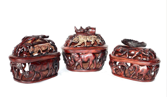 Dark Brown Olive Wood Basket with lid. Handcarved and Gouged African Big Five Animals. Amazing Table Centerpiece, Handmade in Zimbabwe