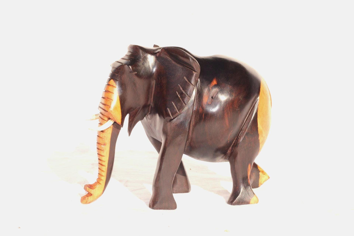 Zambia style 2 colour Ebony wood elephant figurine. Smooth Carved walking animal sculpture. African art Christmas/wedding gift ready to Ship