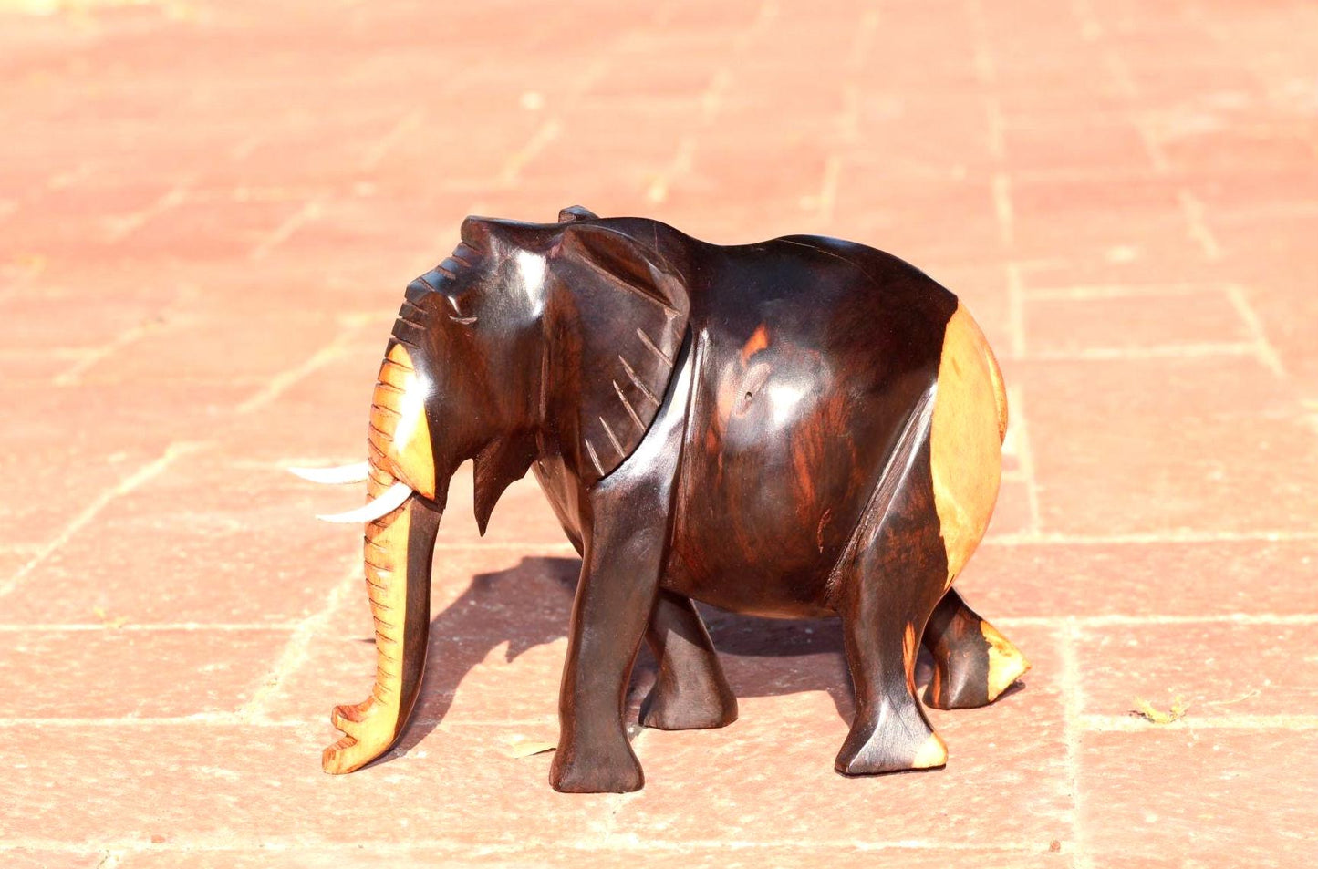 Zambia style 2 colour Ebony wood elephant figurine. Smooth Carved walking animal sculpture. African art Christmas/wedding gift ready to Ship