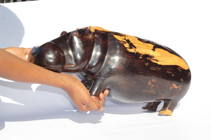 Extra Large Multi Colour Ebony Wood Carved Hippo Sculpture. Has visible wood grains in the dark rich wood. Unique African gift ready to Ship
