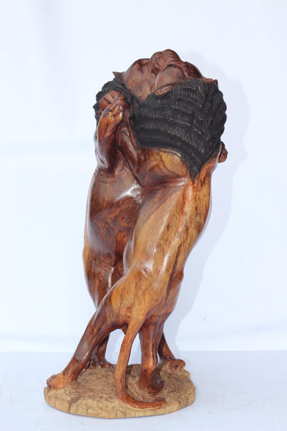 Large Fine Art Adult Lions brutal fight, usually over Territory. Handcarved Ironwood Masterpiece. Realistic Zimbabwe Lifelike animal Decor.