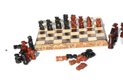 Malawian handcarved Ebony and Mahogany Wood Chess Set. 30×30cm board game gift to loved one. Animal Carvings around the board. Ready to Ship