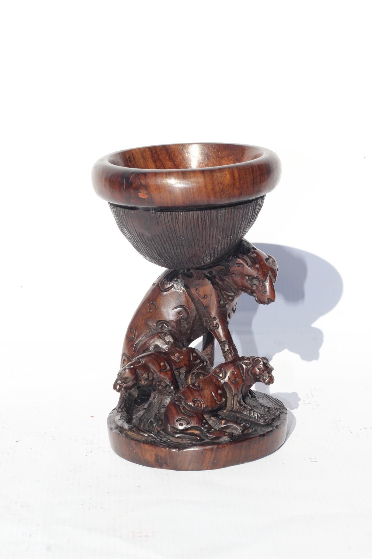 Leopard and Cub theme Iron Wood Ostrich Egg/ornament Stand. Malawian Handcarved Safari decor for home/office. African Art Christmas Gift