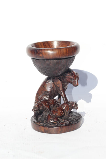 Leopard and Cub theme Iron Wood Ostrich Egg/ornament Stand. Malawian Handcarved Safari decor for home/office. African Art Christmas Gift