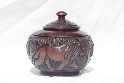 African Wooden Hand carved jewelry/ring box set. Ebony Wood with Rhino, Elephant, Tree Carvings. Can also store spices, Coffee, sugar Tea