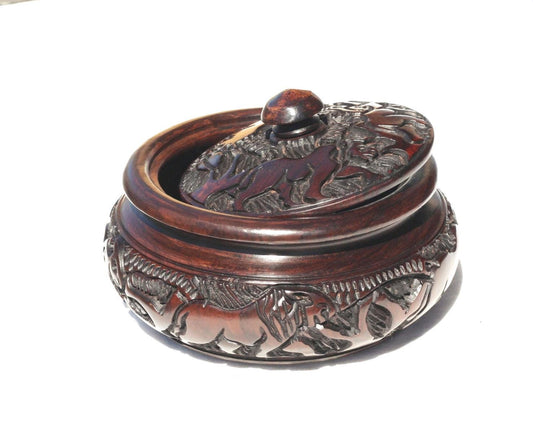 Animal Theme Ebony Hand Carved Storage Bowl with Lid. Dark brown African Decor Coffee/Snack bowl with big 5 animals and Tree Carvings.