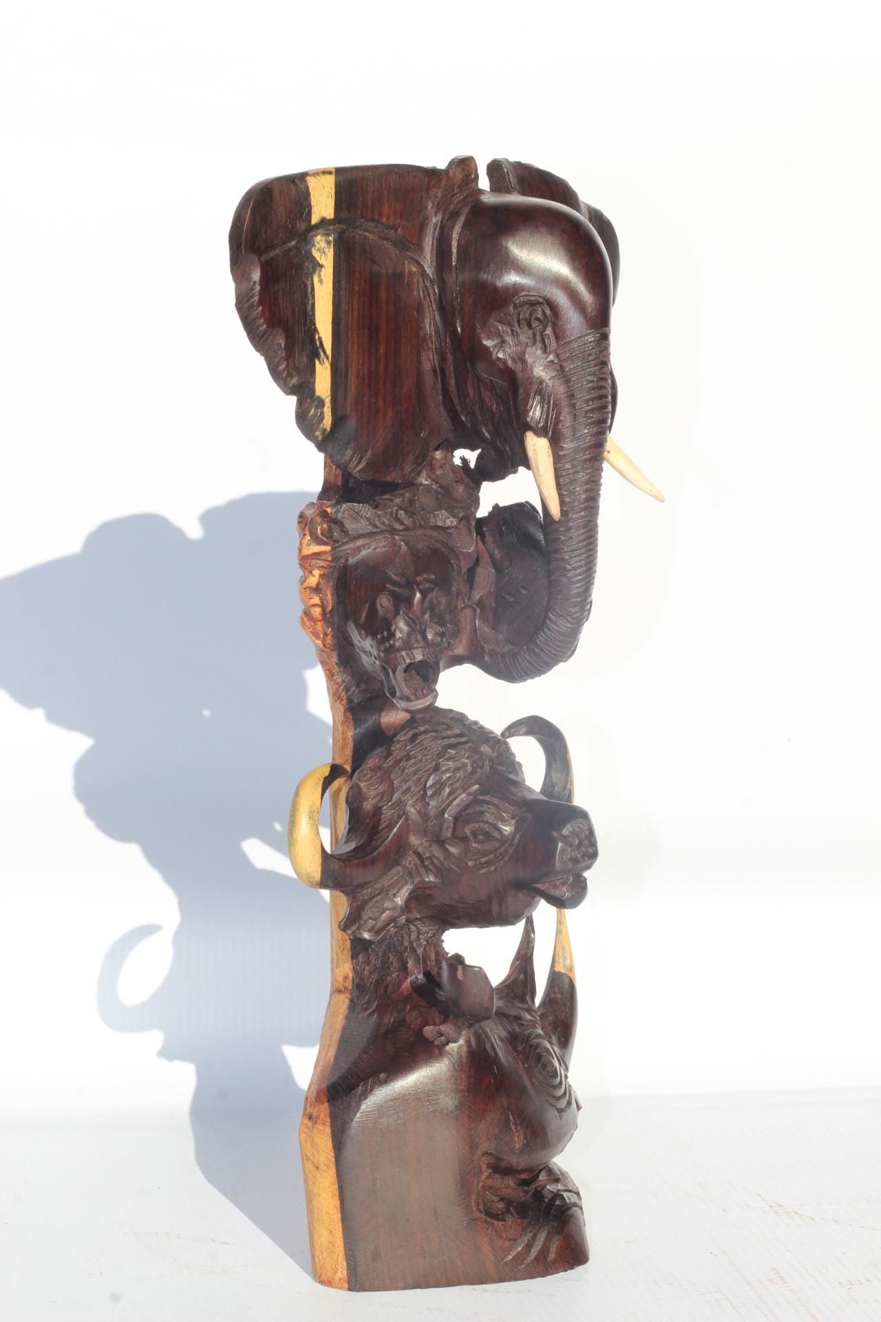 Ebony Wood smooth Carved Big Five heads tower art. Elephant, Lion, Leopard, Buffalo, Rhino head. Ready to Ship African art Christmas gift.