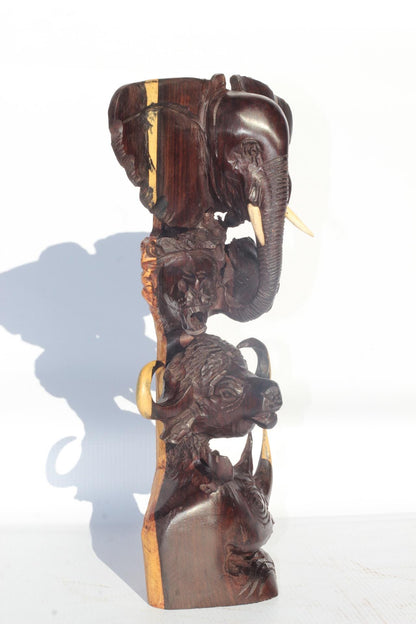 Ebony Wood smooth Carved Big Five heads tower art. Elephant, Lion, Leopard, Buffalo, Rhino head. Ready to Ship African art Christmas gift.