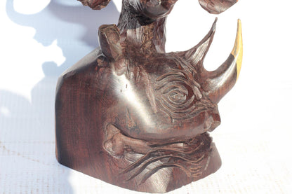 Ebony Wood smooth Carved Big Five heads tower art. Elephant, Lion, Leopard, Buffalo, Rhino head. Ready to Ship African art Christmas gift.