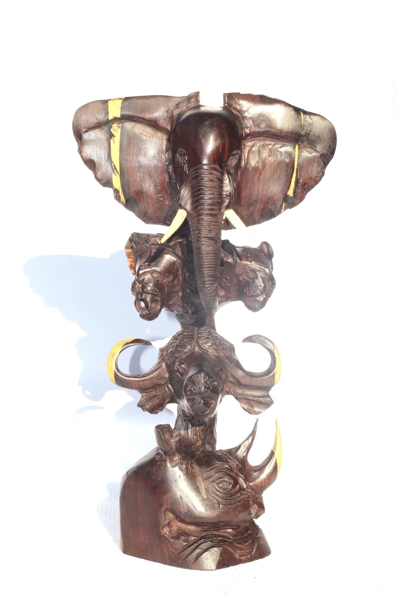 Ebony Wood smooth Carved Big Five heads tower art. Elephant, Lion, Leopard, Buffalo, Rhino head. Ready to Ship African art Christmas gift.