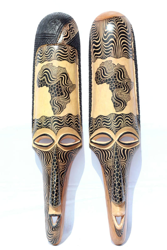 35" Pair Large Teakwood Masks with African Map, Zebra and Giraffe Theme . Male and female interior decor Wall Hanging for Hotel, home/Office