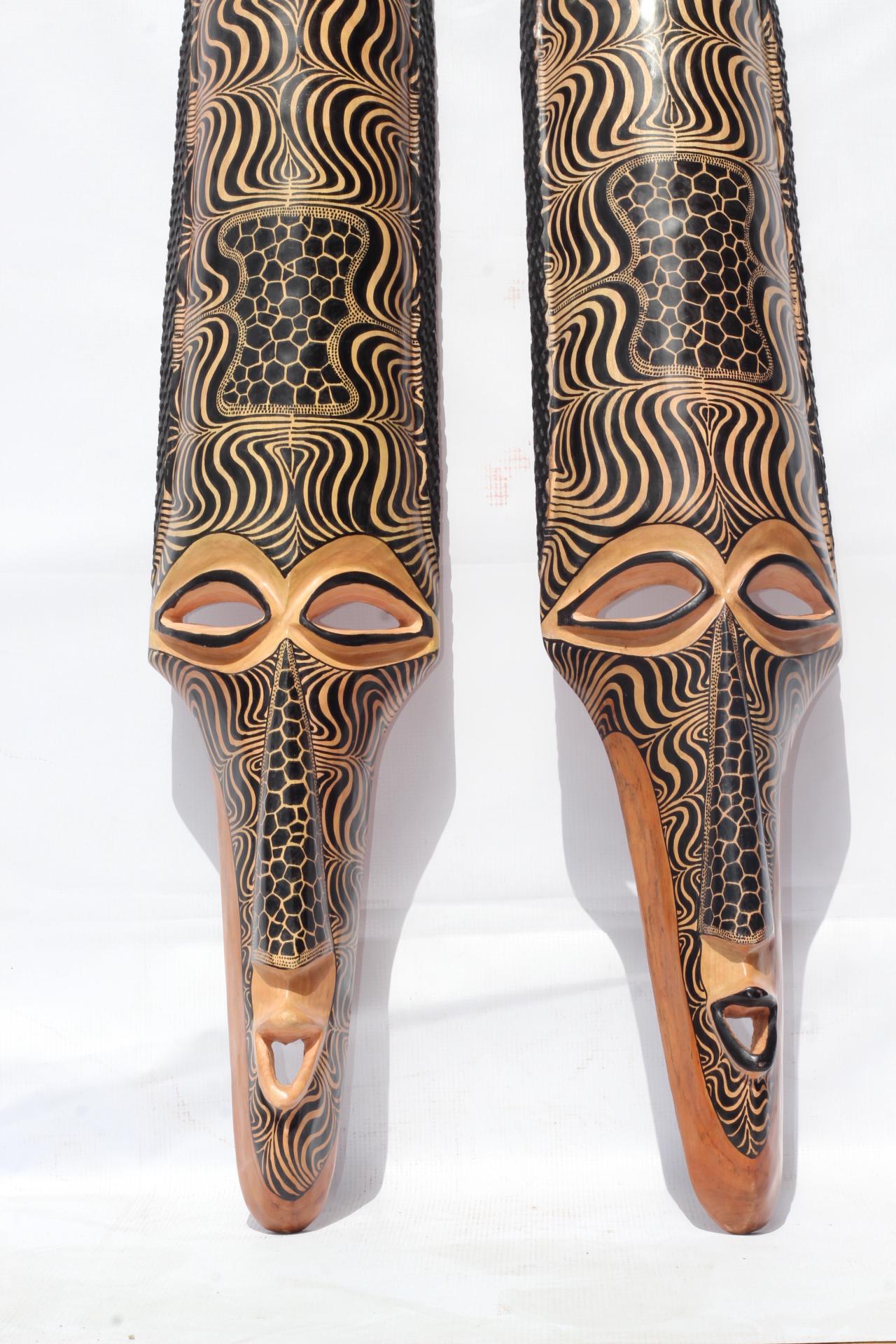 40" Pair Large Teakwood Masks with Zebra and Giraffe Print Theme . Male and female interior decor Wall Hanging Gift for Hotel, home/Office