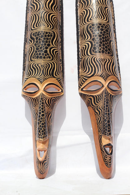 40" Pair Large Teakwood Masks with Zebra and Giraffe Print Theme . Male and female interior decor Wall Hanging Gift for Hotel, home/Office