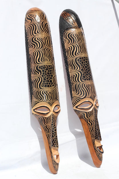 40" Pair Large Teakwood Masks with Zebra and Giraffe Print Theme . Male and female interior decor Wall Hanging Gift for Hotel, home/Office
