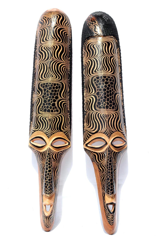 40" Pair Large Teakwood Masks with Zebra and Giraffe Print Theme . Male and female interior decor Wall Hanging Gift for Hotel, home/Office