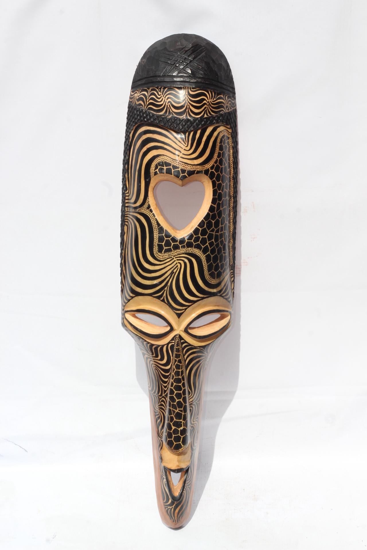 39" Pair Large Teakwood Masks with Heart shape, Zebra and Giraffe Theme . Male and female interior decor Wall Hanging for Hotel, home/Office