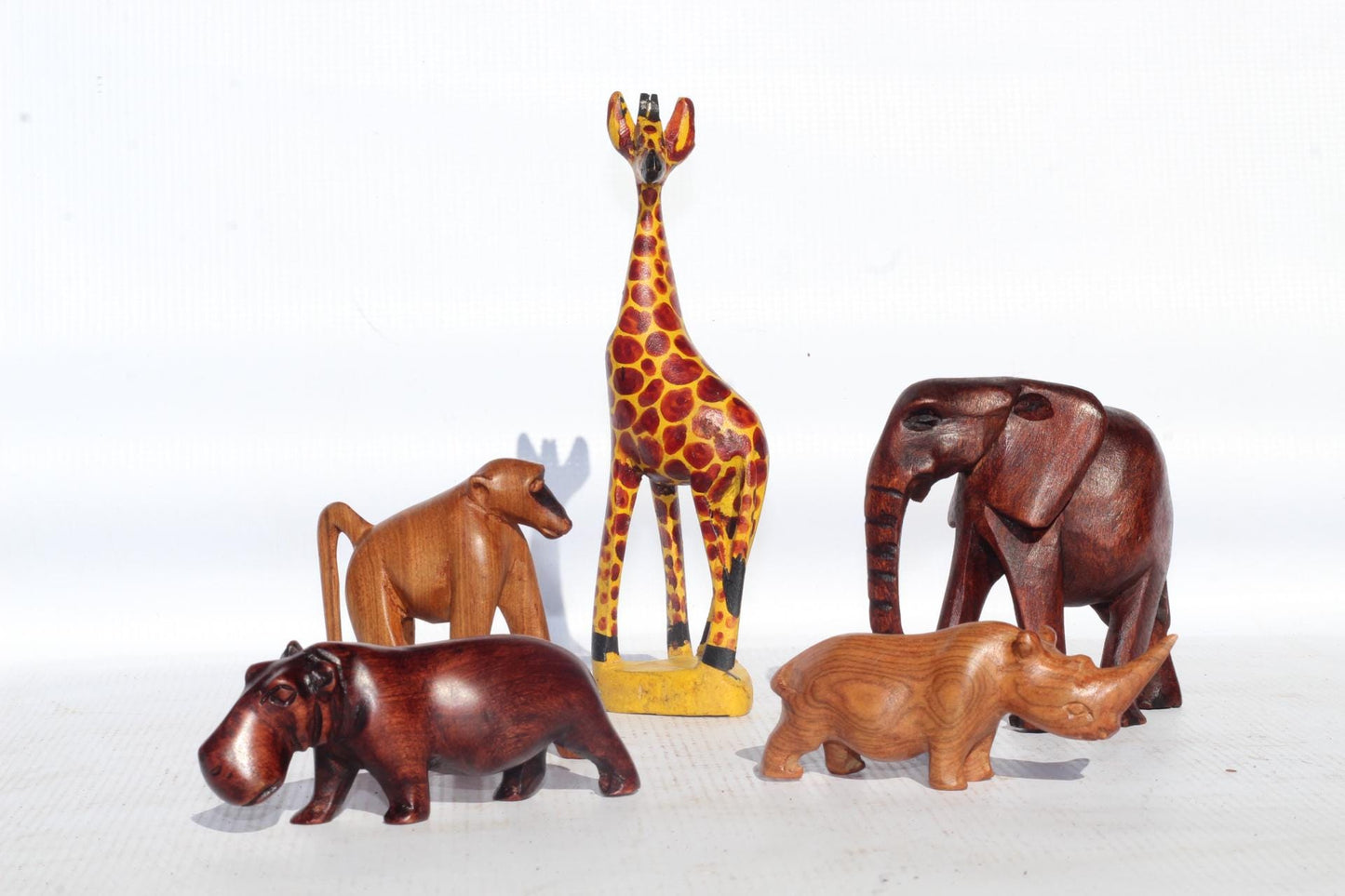 Set of 5 Carved Wooden Safari animals. Olive Wood Elephant, Hippo, Baboon, Rhino and Giraffe figurines. African Christmas gift ready to Ship