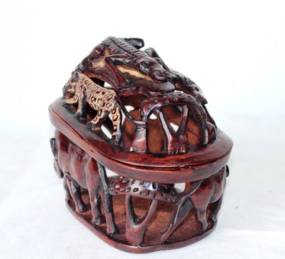 Dark Brown Olive Wood Basket with lid. Handcarved and Gouged African Big Five Animals. Amazing Table Centerpiece, Handmade in Zimbabwe