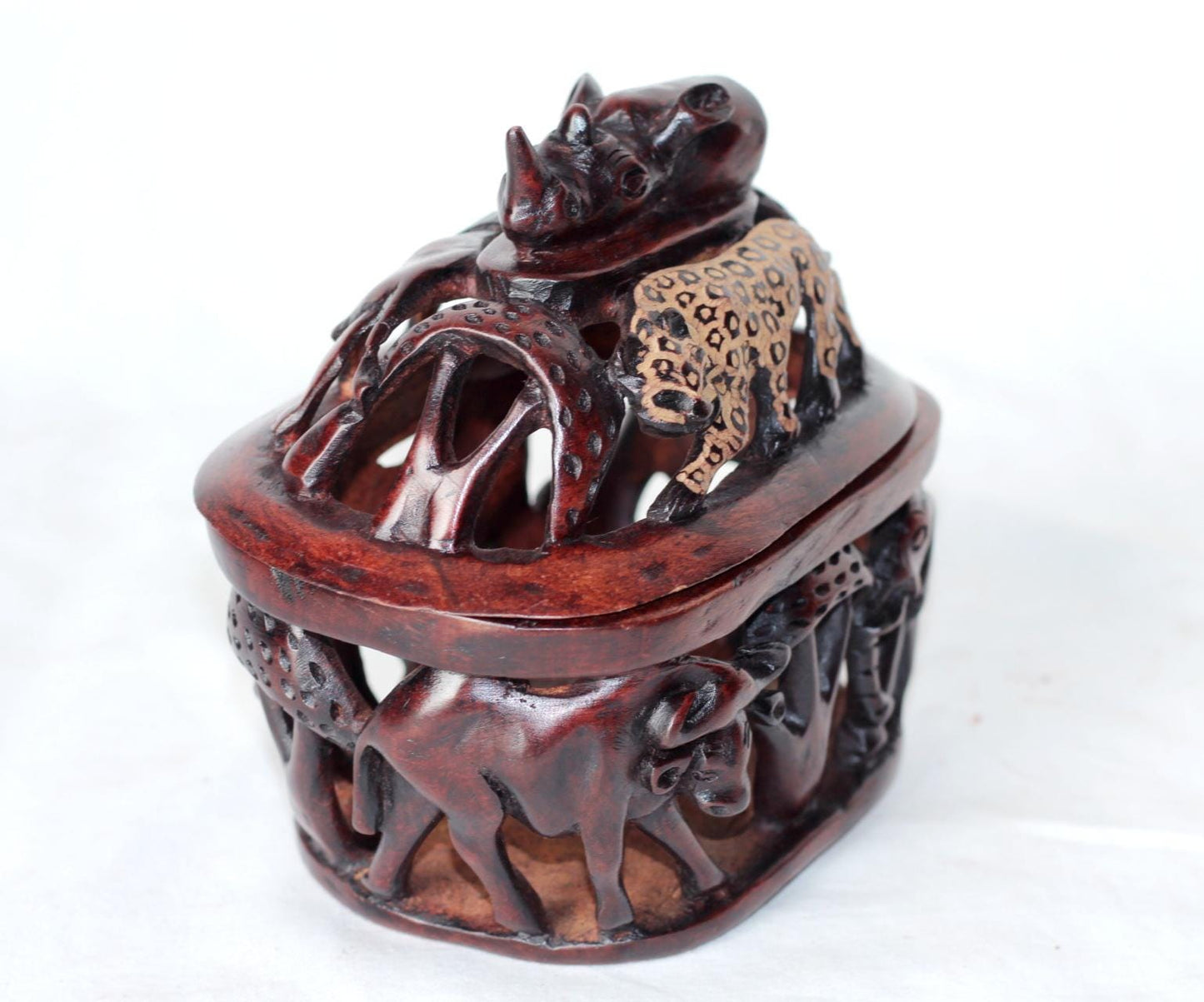 Dark Brown Olive Wood Basket with lid. Handcarved and Gouged African Big Five Animals. Amazing Table Centerpiece, Handmade in Zimbabwe
