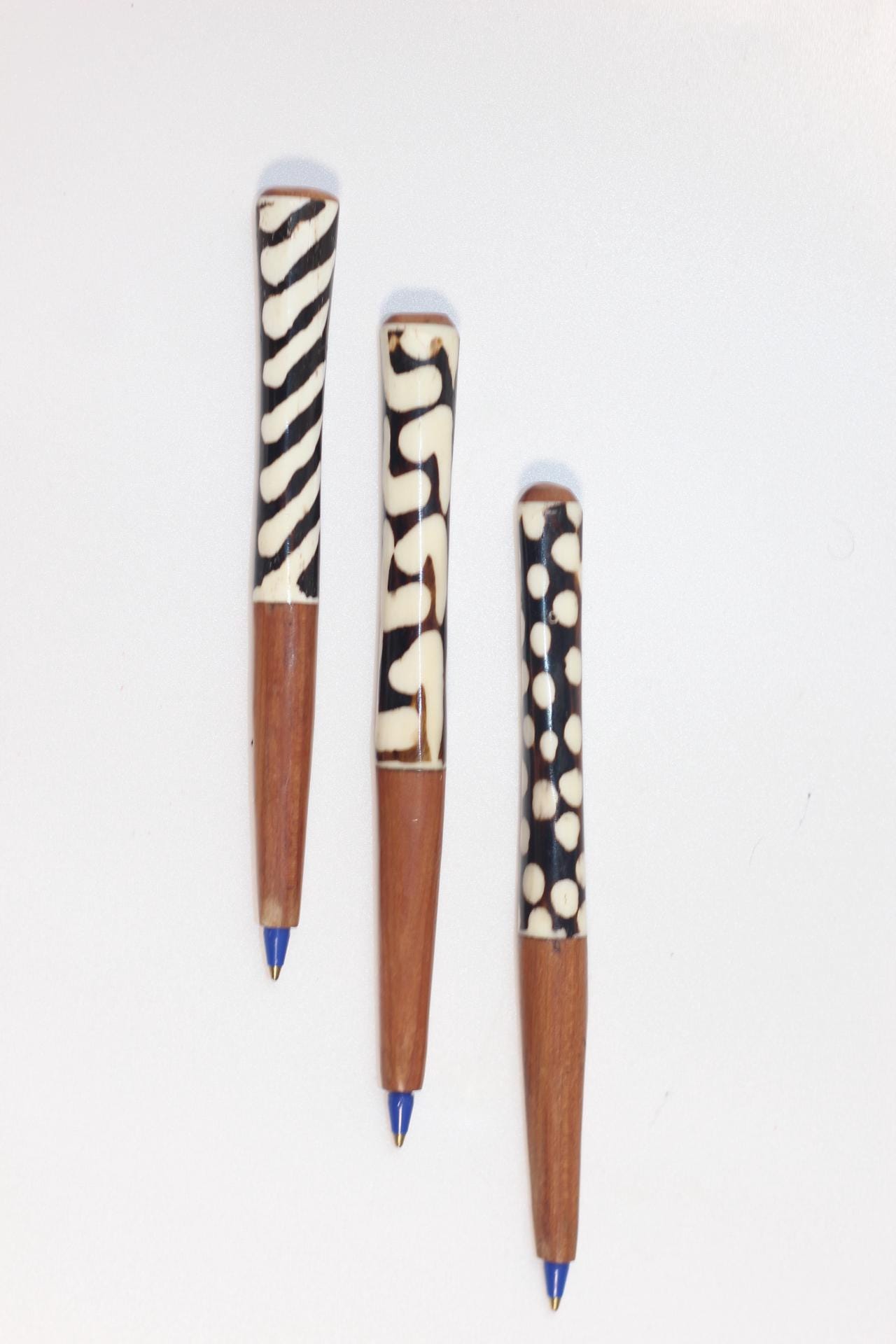 Wood and batik Bone pens. African Art Writing Material, unique ball point pens. Souvenirs and Collector's items. Comes as a set of 3