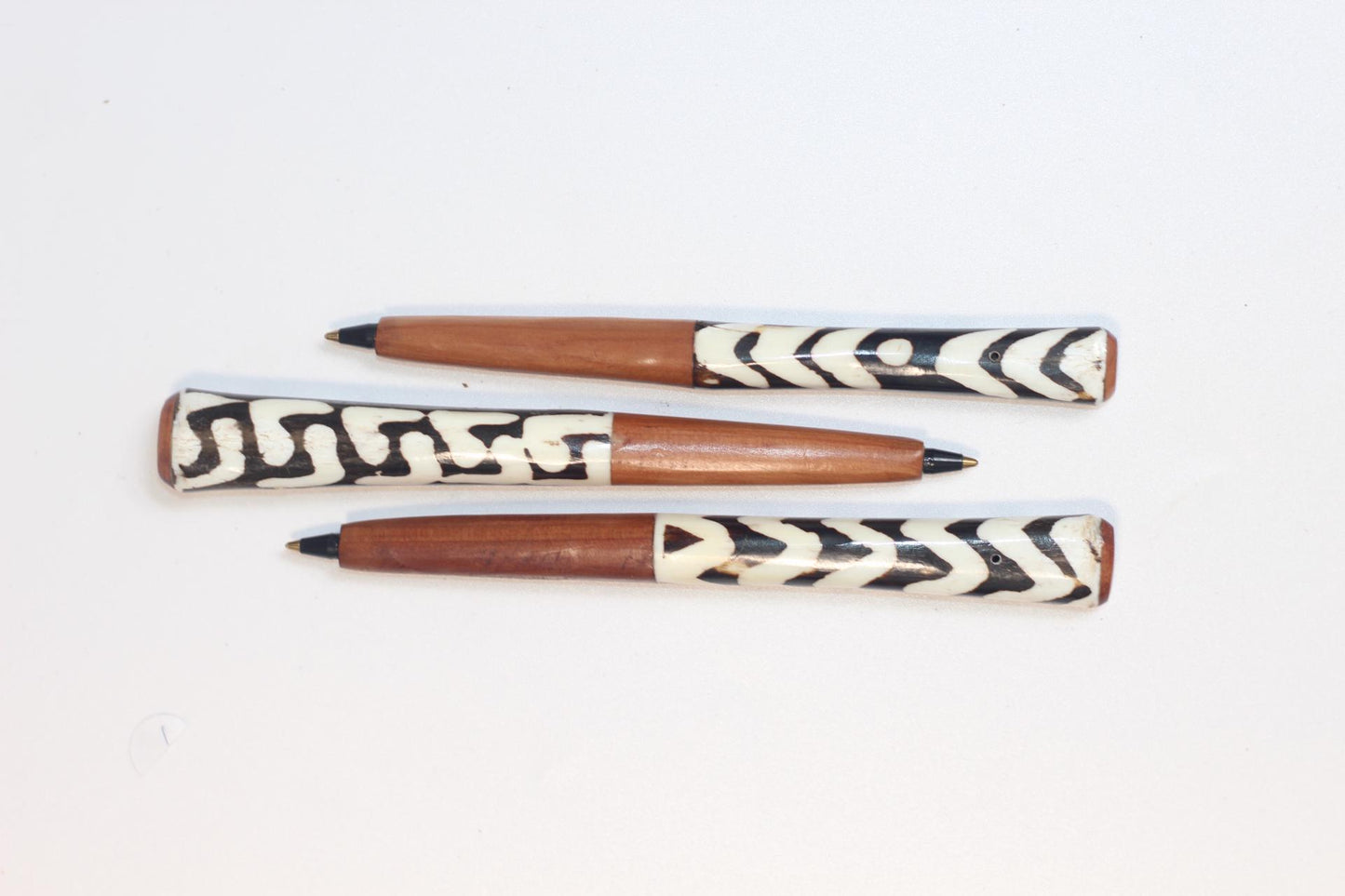 Wood and batik Bone pens. African Art Writing Material, unique ball point pens. Souvenirs and Collector's items. Comes as a set of 3