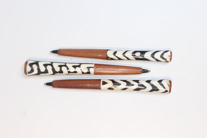 Wood and batik Bone pens. African Art Writing Material, unique ball point pens. Souvenirs and Collector's items. Comes as a set of 3