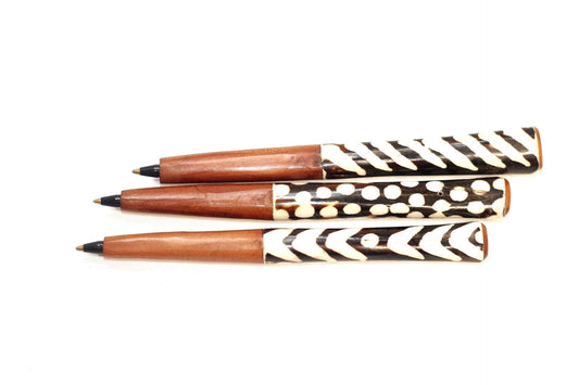 Wood and batik Bone pens. African Art Writing Material, unique ball point pens. Souvenirs and Collector's items. Comes as a set of 3