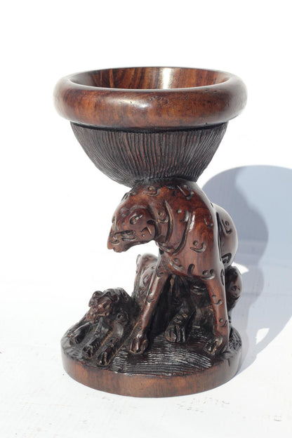 Leopard and Cub theme Iron Wood Ostrich Egg/ornament Stand. Malawian Handcarved Safari decor for home/office. African Art Christmas Gift