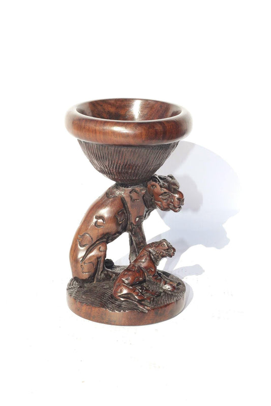 Leopard and Cub theme Iron Wood Ostrich Egg/ornament Stand. Malawian Handcarved Safari decor for home/office. African Art Christmas Gift