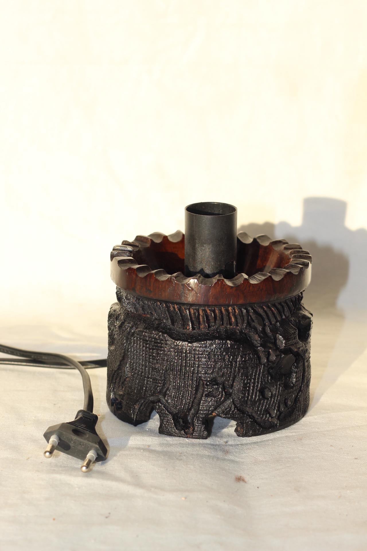 Handcarved Wood Ostrich Egg Lamp holder Stand, Design 2. Big Five Ebony Wood stand. Malawian Handcarved Animal theme Art. Ready to Ship
