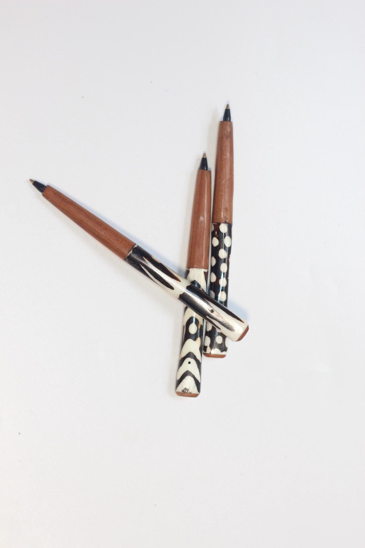 Wood and batik Bone pens. African Art Writing Material, unique ball point pens. Souvenirs and Collector's items. Comes as a set of 3